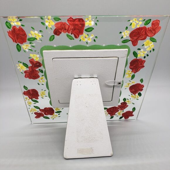 Square Beveled Glass Picture Frame w Hand Painted Red Roses Floral Enamel Table - Picture 7 of 8